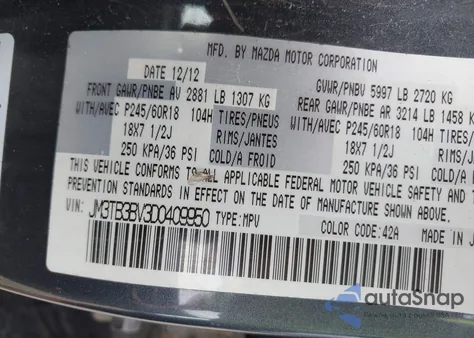 2013 Mazda Cx-9 Sport from USA, damaged, VIN JM3TB3BV3D0409950